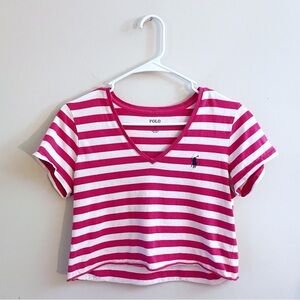 Polo Ralph Lauren V-Neck Striped Tee in Pink and White